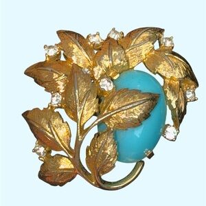 Vintage Jomaz, Rare Gold Tone, Faux Turquoise Leaf Brooch with Rhinestones